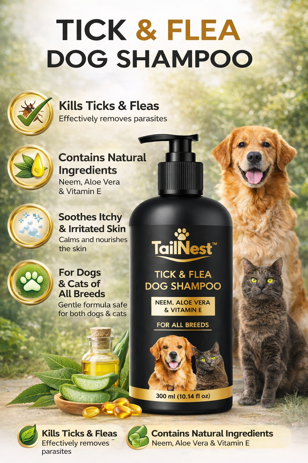 Tailnest Tick &amp; Flea Dog Shampoo – Neem, Aloe Vera &amp; Vitamin E for Healthy, Itch-Free Dogs