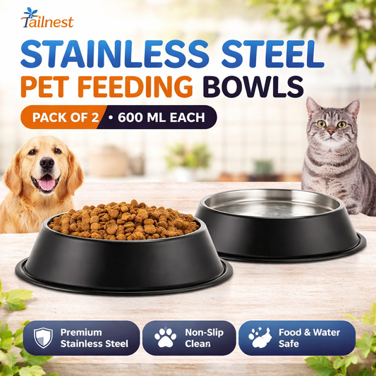 Tailnest Stainless Steel Dog & Cat Feeding Bowl 600ml (Pack of 2) | Anti-Rust Pet Food & Water Bowls | Durable & Easy Clean