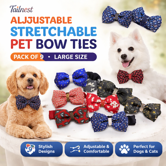 Tailnest Adjustable Stretchable Pet Bow Tie (Pack of 9, Large) | Multicolor Dog & Cat Bowties | Stylish Collar Accessories for Pets
