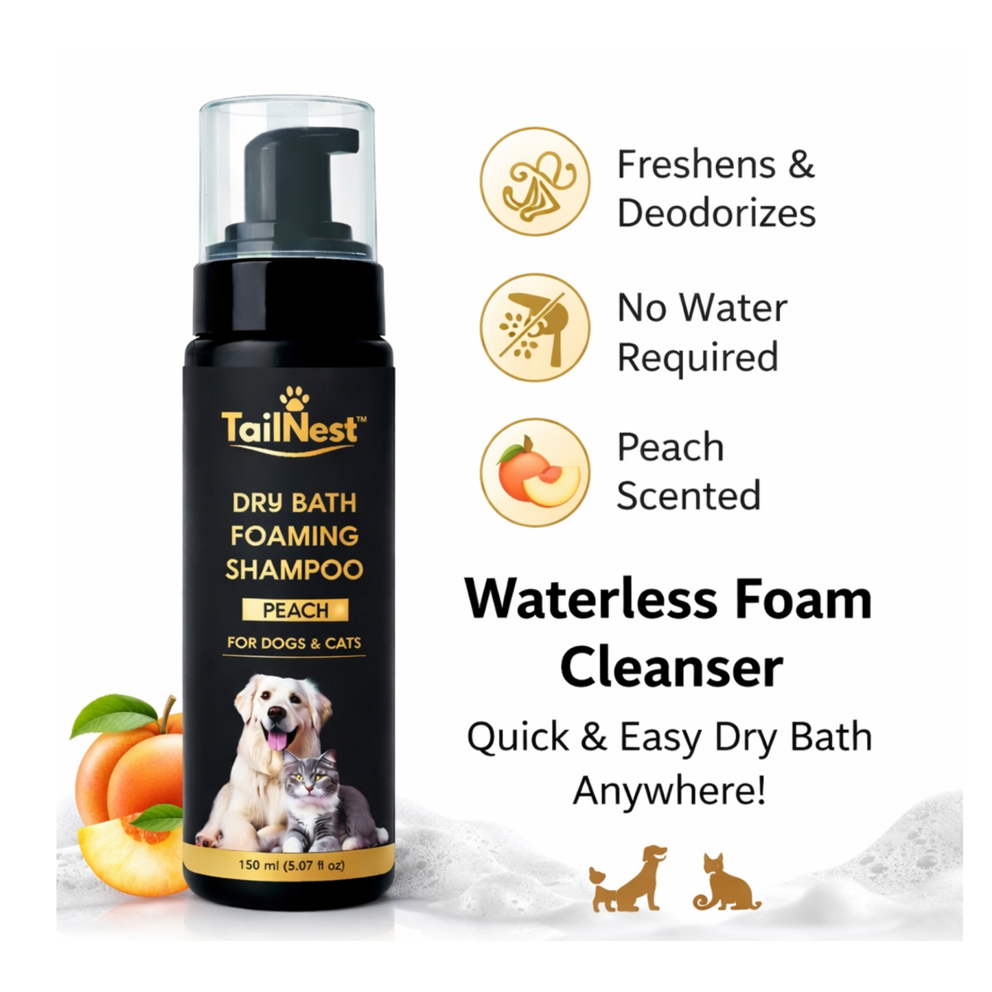 🐾 TailNest™ Dry Bath Foaming Shampoo (Peach)